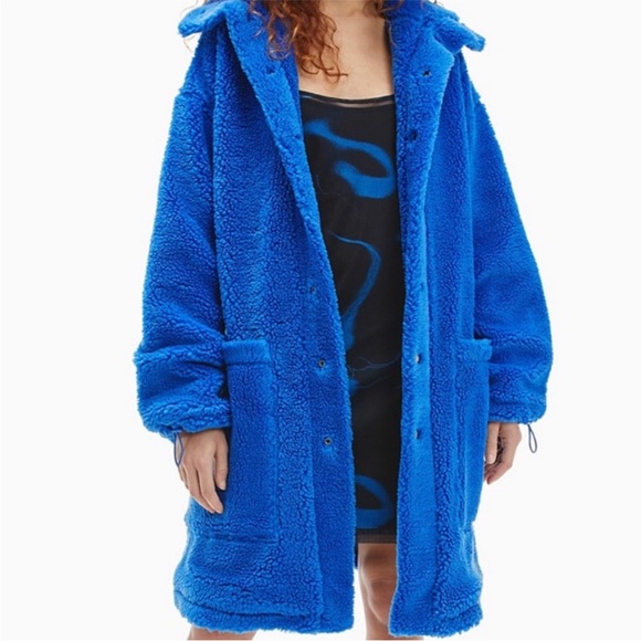 Calvin Klein Long blue Teddy Coat Sz L - Picture 1 of 13